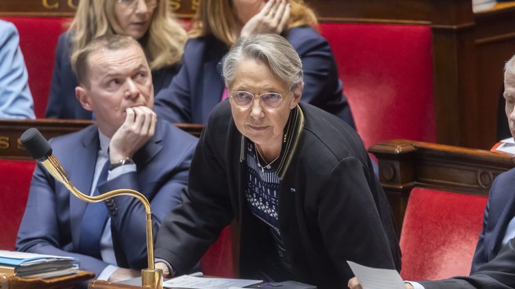 Elisabeth Borne and the Minister of Labor Olivier Dussopt at the National Assembly, March 14, 2023 (VINCENT ISORE / MAXPPP)