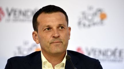 Cédric Vasseur,&nbsp;manager général de l’équipe cycliste Cofidis, lors d'une conférence de presse du Tour de France, le 4 juillet 2018. (ALEXANDRE MARCHI / MAXPPP)