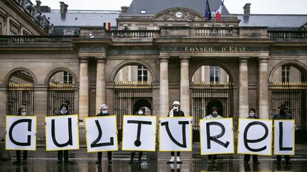 Rassemblement le 21 décembre 2020 organisé par la CGT Spectacle&nbsp;devant le Conseil d'Etat où les recours en référé-liberté contre la poursuite de l'interdiction de réouverture pour les lieux de spectacles sont examinés.&nbsp; (NO?MIE COISSAC / HANS LUCAS)