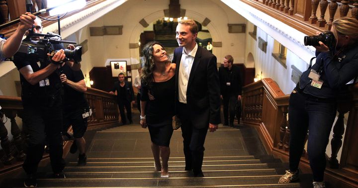 Le candidat du Parti du peuple danois, Morten Messerschmidt, savoure sa victoire &agrave; Copenhague (Danemark), le 25 mai 2014, apr&egrave;s les &eacute;lections europ&eacute;ennes.&nbsp; (MAXPPP)