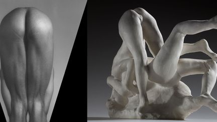 L'érotisme est un thème essentiel chez les deux artistes, Mapplethorpe fasciné par les corps d'homme photographie sexes, fesses, en faisant des œuvres d'art. Rodin dessine et modèle des couples de femmes enlacés ou "Iris, messaghère des dieux", jambes écartées et sexe en évidence.
 (A gauche, Robert Mapplethorpe Foundation, Inc. - A droite © Paris, musée Rodin, ph. C. Baraja)