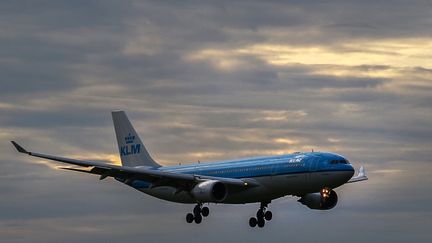 Un avion de la compagnie néerlandaise KLM vole dans le ciel du Brésil, le 31 juillet 2020.&nbsp; (FABIO LIMA / AFP)