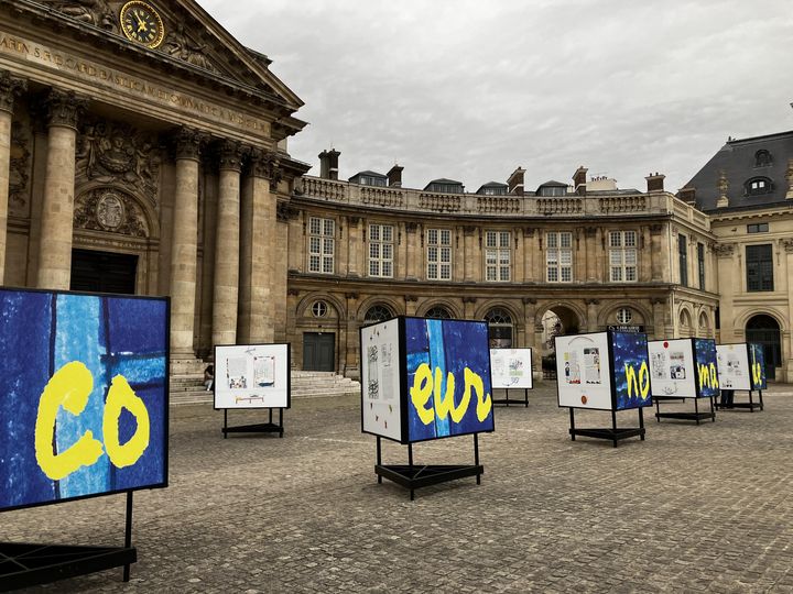 Le parvis de l'Institut de France accueille l'exposition "Un cœur nomade" jusqu'au 12 mai 2024. (NEIL SENOT / FRANCEINFO)