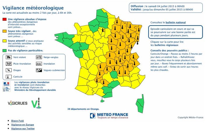 &nbsp; (38 départements maintenus en alerte orange canicule © Météo France)