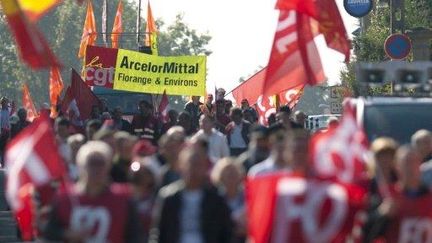 Les salariés d'ArcelorMittal manifestent à Florange, le 23 septembre 2011. (AFP - Jean-Christophe Verhaegen)