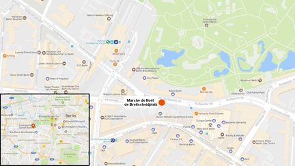 Le marché de Noël de&nbsp;Breitscheidplatz à Berlin, où un camion a tué au moins douze personnes en fonçant dans la foule, le 19 décembre 2016.&nbsp; (FRANCEINFO / GOOGLE MAPS)