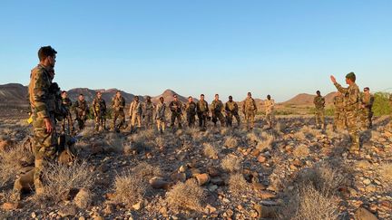 Des officiers français et djiboutiens lors d'un entraînement militaire dans le désert à Ali Sabieh (Djibouti), le 30 janvier 2021. (DAPHNE BENOIT / AFP)