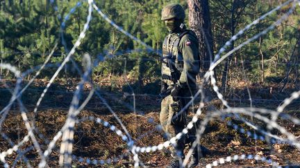 Un membre des forces de sécurité polonaises à la frontière, aperçu mardi 9 novembre 2021 depuis le côté biélorusse, près de Grodno. (VIKTOR TOLOCHKO / SPUTNIK via AFP)