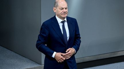 Le chancelier Olaf Scholz au&nbsp;Bundestag, le Parlement allemand, à Berlin, le 3 juin 2022. (BRITTA PEDERSEN / DPA / AFP)