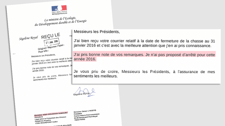 &nbsp; (Le premier courrier de Ségolène Royal aux associations : elle s'engage à ne pas prendre d'arrêté pour rallonger la durée de la chasse...)