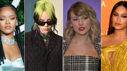 Les chanteuses américaines Rihanna, Billie Eilish, Taylor Swift et Beyoncé, réclament toutes justice pour George Floyd, fin mai 2020. (SAMIR HUSSEIN - DAVID CROTTY/PATRICK MCMULLAN - NEILSON BARNARD - GARETH CATTERMOLE / GETTY IMAGES)