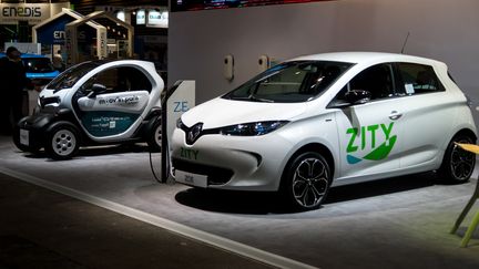 Une Twizy et une Zoé, les deux voitures 100% électriques de Renault présentées au salon Eurexpo, à Lyon, le 20 mai 2019. (NICOLAS LIPONNE / NURPHOTO)