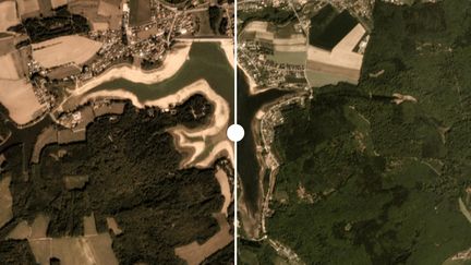 Le réservoir de Bouzet, dans les Vosges, photographié le 23 mai et le 12 septembre 2019. (PLANET LABS, INC)