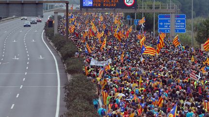 Des colonnes de dizaines de milliers de séparatistes étaient parties mercredi de cinq villes de la région pour rejoindre Barcelone samedi, avec pour mot d'ordre "liberté". (PAU BARRENA / AFP)