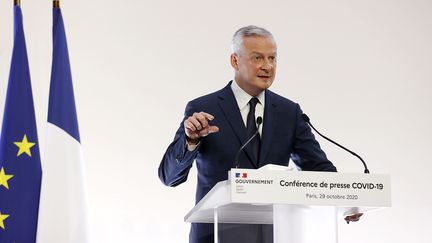 Bruno Le Maire, ministre de l'Economie lors de sa conférence de presse à Paris, le 29 octobre 2020. (IAN LANGSDON / POOL)
