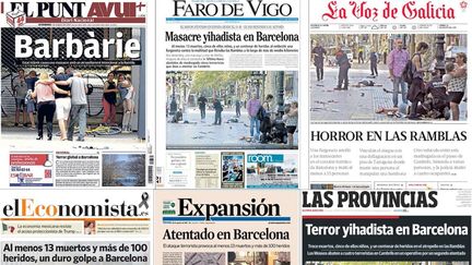 Des unes de la presse espagnole, le 18 août 2017, au lendemain des attentats qui ont frappé la catalogne. (FRANCEINFO)