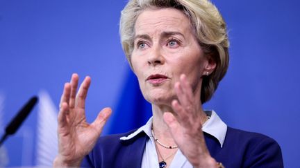 The President of the European Commission, Ursula von der Leyen, during a press conference, June 20, 2023, in Brussels.  (KENZO TRIBOUILLARD / AFP)