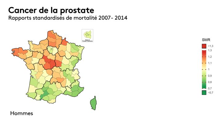 La carte de la surmortalité des cancers de la prostate en France entre 2007 et 2016 (rapports standardisés, source : Santé publique France). (FRANCEINFO)