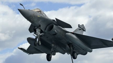 Un avion de combat français, de type Rafale, sur le point de se poser sur le porte-avion Charles de Gaulle, le 10 février 2020. (MARIO GOLDMAN / AFP)