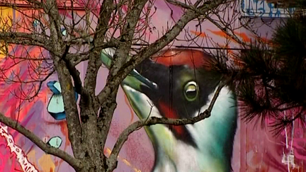 Détail de l'oeuvre éphémère recouvrant la tour bleue du quartier des Gibjoncs..
 (Capture d&#039;écran France 3/Culturebox)