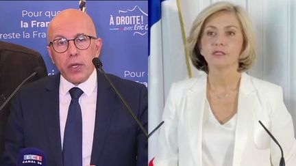 Eric Ciotti et Valérie Pécresse lors de leurs prises de parole, jeudi 2 décembre, après les résultats du congrès LR qui les placent en tête. (CAPTURE D'ECRAN)