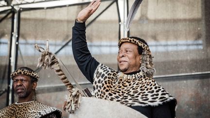 Goodwill Zwelithini aimait paraître en costume traditionnel, comme&nbsp;lorsqu'il préside à Durban les festivités d'Umkhosi Welembe, le 7 octobre 2018. (RAJESH JANTILAL / AFP)