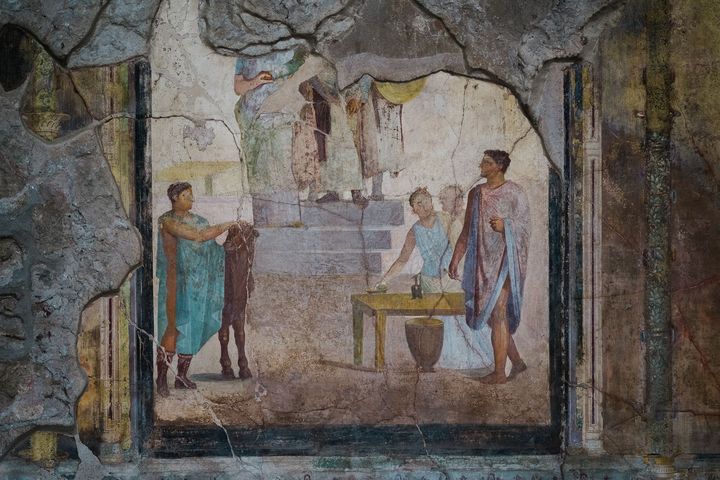 Une fresque dans La Maison des Cupidons d'Or, désormais visitable sur le site de Pompei (Italie), le 25 novembre 2019. (ELIANO IMPERATO / CONTROLUCE / AFP)