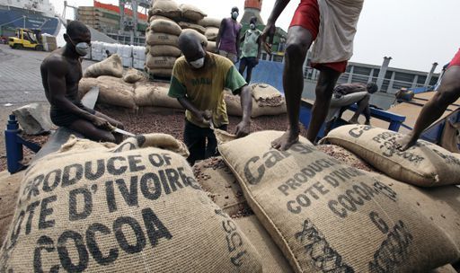 Des ouvriers apprêtent des sacs de cacao déstinés à l'exportation au port d'Abidjan (Photo Reuters/Luc Gnago)