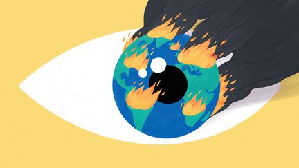 Face aux événements climatiques extrêmes qui se multiplient partout dans le monde, la prise de conscience du réchauffement climatique va-t-elle faire long feu ? On choisit un style minimaliste, mais puissant, pour illustrer cette idée. (JEREMIE LUCIANI / FRANCEINFO)