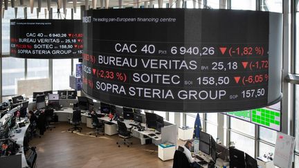 La salle de surveillance des marchés au siège d'Euronext, à la Défense, près de Paris, en janvier 2022. (BENJAMIN POLGE / HANS LUCAS / AFP)