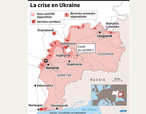 Carte de la zone séparatiste de l'Ukraine, avec les zones de combats, avant les accords de Minsk. (AFP)