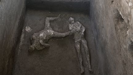 Les moulages de deux corps. Les victimes ont été retrouvées lors de fouilles dans une villa près de Pompéi.&nbsp; (HANDOUT / POMPEI ARCHAEOLOGICAL PARK)