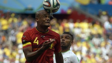 Le d&eacute;fenseur belge Vincent Kompany &agrave; la lutte contre l'attaquant alg&eacute;rien El Arbi Soudani, mardi 17 juin 2014 &agrave; Belo Horizonte (Br&eacute;sil). (MARTIN BUREAU / AFP)