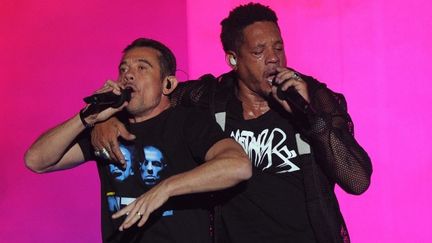 Kool Shen et JoeyStarr ont reformé cette année le groupe NTM pour une tournée de concerts, passée par les Francofolies de la Rochelle, le 12 juillet dernier. 
 (XAVIER LEOTY / AFP)