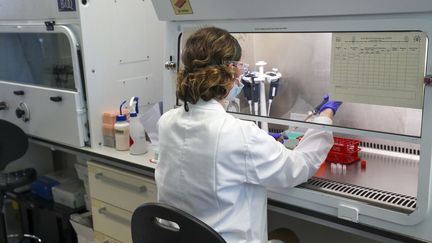 Une technicienne de laboratoire travaille sur le vaccin candidat développé par AstraZeneca et l'université d'Oxford, le 24 juin 2020 à Oxford (Royaume-Uni). (STEVE PARSONS / POOL / AFP)