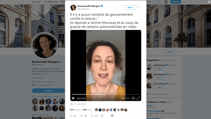 Emmanuelle Wargon,&nbsp;secrétaire d'Etat auprès du ministre de la Transition écologique, dans une vidéo postée sur son compte Twitter le 4 novembre 2018. (EMMWARGON / TWITTER)