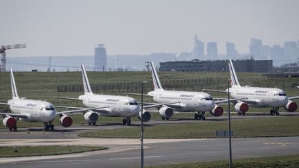 Des avions sur le tarmac de l'aéroport de Roissy, au nord de Paris, le 24 mars 2020. (THOMAS SAMSON / AFP)