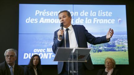 Nicolas Dupont-Aignan, le 28 mars 2019 à Paris, lors de la présentation de sa liste. (AFP)