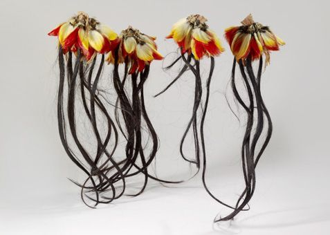 Ornements Shuar (Equateur), plumes de toucan et mèches de cheveux
 (musée du quai Branly, photo Claude Germain)