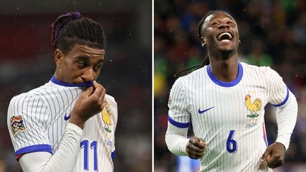 Michael Olise et Eduardo Camavinga avec l'équipe de France contre Israël, le 10 octobre 2024, à Budapest (Hongrie). (AFP)