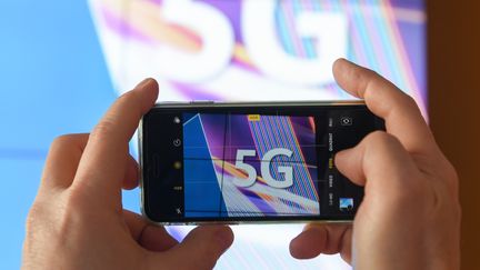 Un smartphone avec une image de 5G. (Illustration).&nbsp; (ARNE DEDERT / DPA)