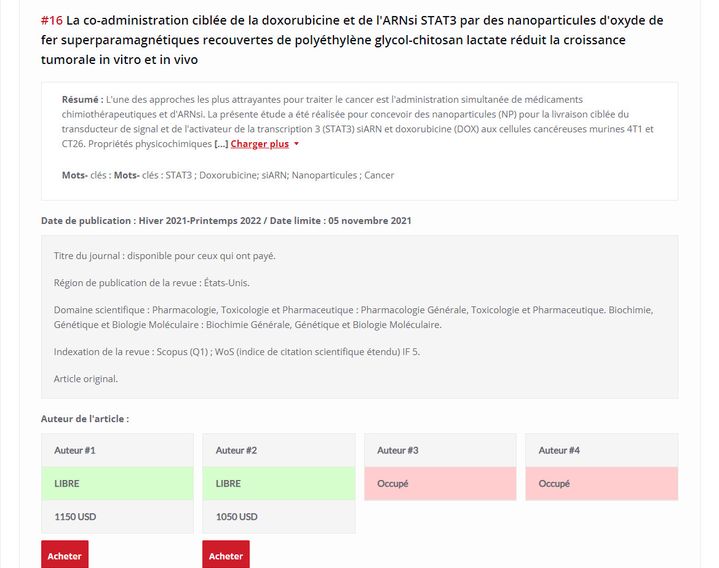 Capture d’écran d’un site proposant d’acheter une place d’auteur pour une étude sur le cancer.&nbsp; (SCIENCE PUBLISHER COMPANY)