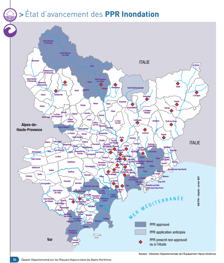 &nbsp; (Etat d'avancement des PPR Inondation dans le départements des Alpes-Maritimes © Capture d'écran, Direction départementales de l'Equipement Alpes-Maritimes)