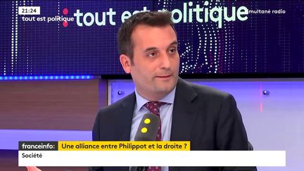 Florian Philippot, président des Patriotes et ancien vice-président du Front national, était l'invité de "Tout est politique", jeudi sur franceinfo. (FRANCEINFO)