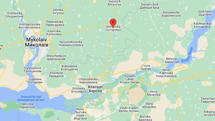 Snihourivka, ville située dans le sud de l'Ukraine sur la rive droite de l’Ingoulets, un affluent du Dnipro. (CAPTURE ÉCRAN GOOGLEMAPS)