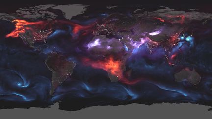 Une photo satellite de la Nasa montre les aérosols, des fines particules en suspension dans l'atmosphère, sur la journée du 23 août 2018. (NASA / Joshua Stevens / Adam Voiland)