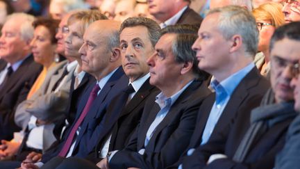 Nicolas Sarkozy entouré d'Alain Juppé, François Fillon et Bruno Le Maire, lors d'un meeting des Républicains à Nogent-sur-Marne (Val-de-Marne), le 27 septembre 2015. (WITT / SIPA)