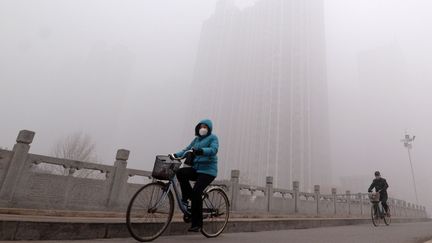 Un cycliste avec un masque anti-pollution à Hebei, au nord-est de la Chine, le 20 décembre 2016. Mercredi 21 décembre, le niveau de pollution aux particules fines (578 microgrammes par m3) est presque trois fois supérieur au seuil limite. (HAO QUNYING / IMAGINECHINA)