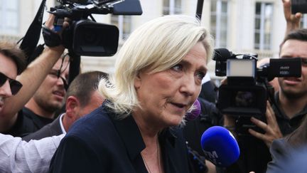 La cheffe de file des députés du Rassemblement national, Marine Le Pen, devant l'Assemblée nationale, à Paris le 10 juillet 2024. (QUENTIN DE GROEVE / HANS LUCAS / AFP)