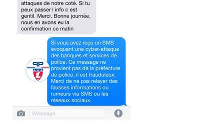 Capture d'&eacute;cran du compte Twitter de la pr&eacute;fecture de police de Paris mettant en garde contre les faux SMS pr&eacute;conisant de ne pas utiliser internet &agrave; cause de cyberattaques. (PREFPOLICE / TWITTER)